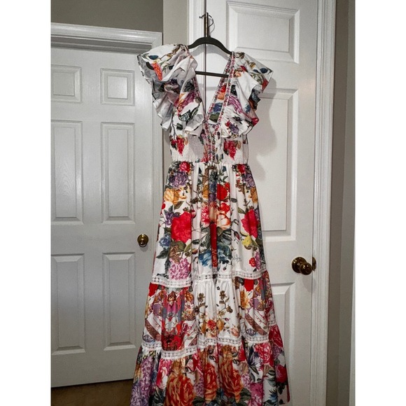 Bella Burnett  Floral Print Maxi Dress Ruffle Sleeve Smocked Waist Tie - Picture 8 of 12